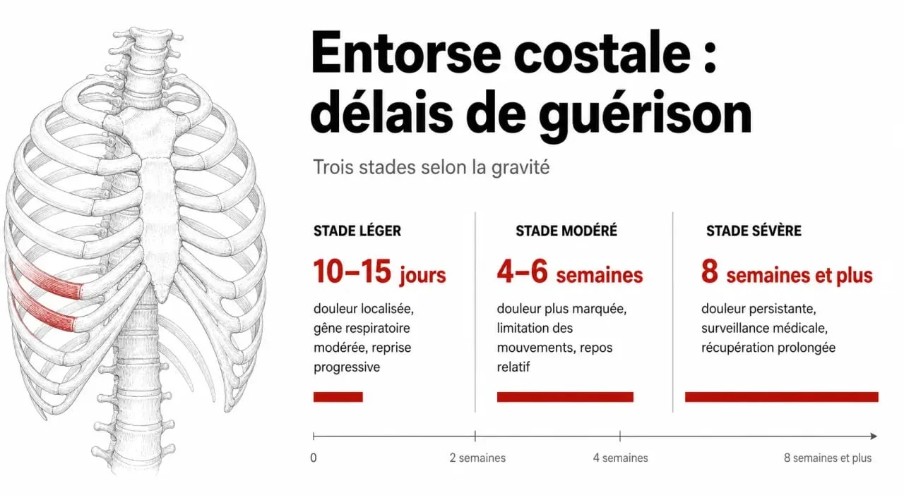 Infographie des durées de guérison d'une entorse costale selon la gravité de la lésion