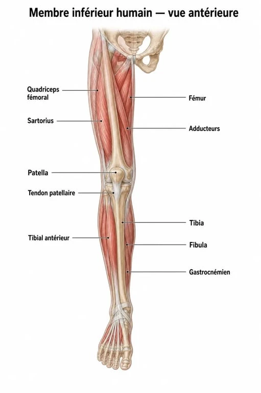 Schéma anatomique du membre inférieur humain montrant les os et les muscles principaux.