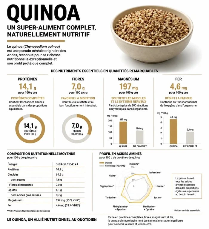Infographie sur les bienfaits nutritionnels et la composition du quinoa