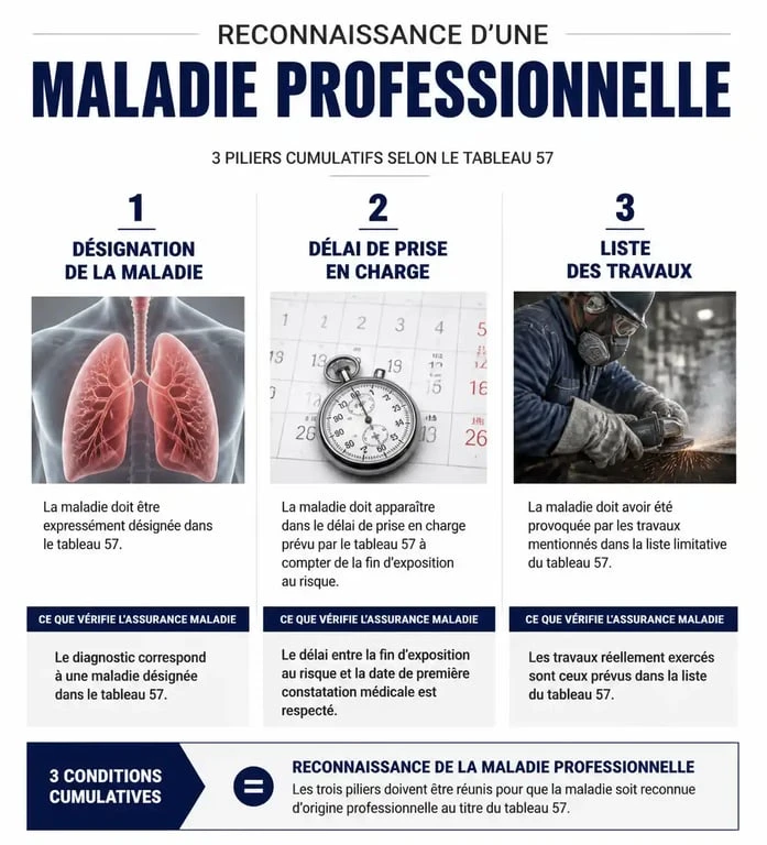 Infographie des critères de reconnaissance du tableau 57 maladie professionnelle