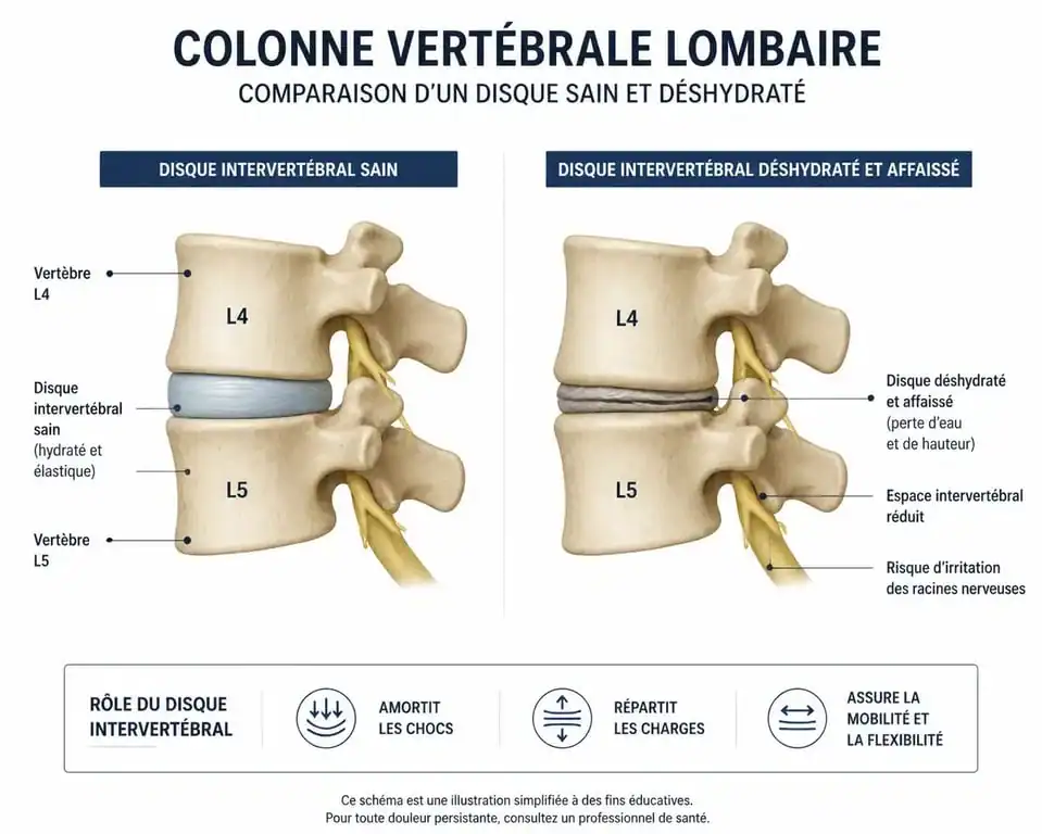 Schéma anatomique illustrant une discopathie L4 L5 avec comparaison entre un disque sain et un disque usé