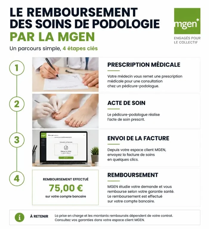 Schéma du processus de remboursement podologue MGEN pour les adhérents