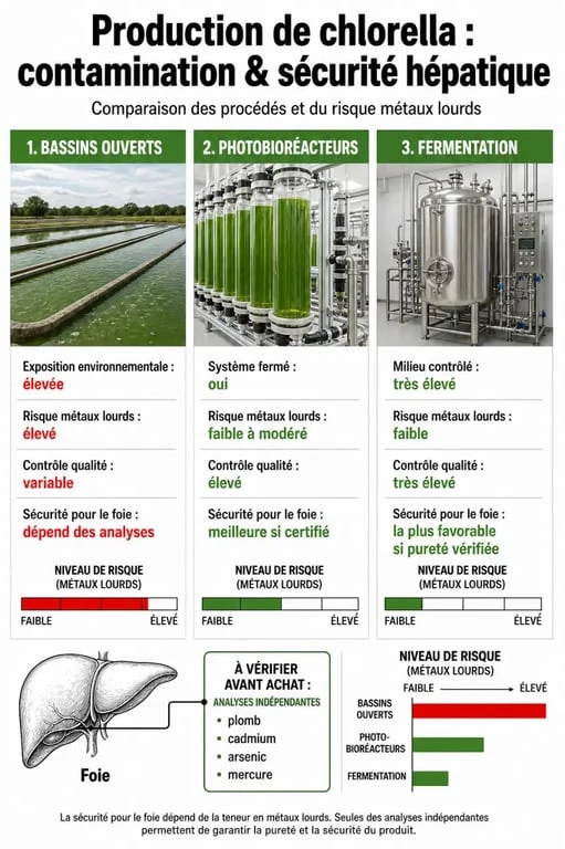 Infographie comparative des méthodes de production de chlorella et risques pour le foie