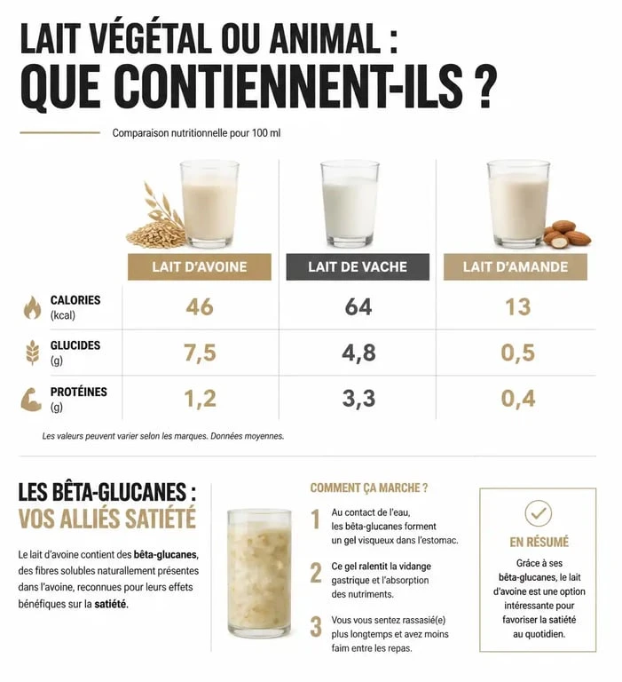 Infographie comparative des valeurs nutritionnelles du lait d'avoine pour maigrir par rapport aux autres laits végétaux et animaux