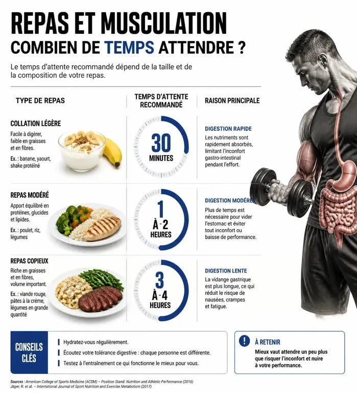 Infographie sur le temps d'attente recommandé pour la musculation après manger selon le type de repas