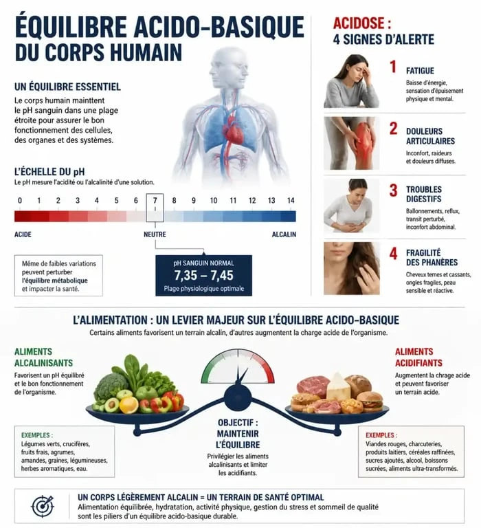 Infographie des 4 signes que votre corps est trop acide et équilibre acido-basique