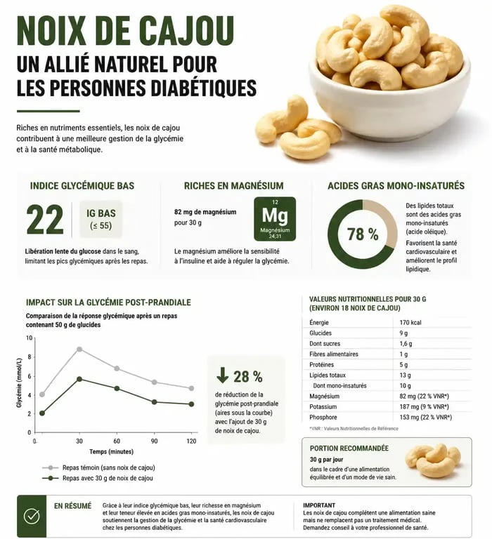 Infographie sur les bienfaits des noix de cajou et diabète : indice glycémique, magnésium et santé cardiovasculaire.