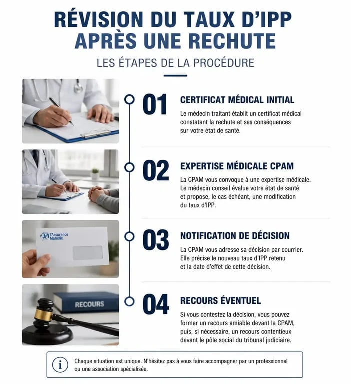 Infographie des étapes de la procédure de révision du taux d'IPP après une rechute liée à un accident du travail