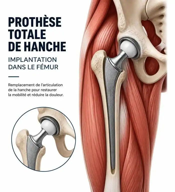 Schéma anatomique expliquant la douleur cuisse après prothèse de hanche