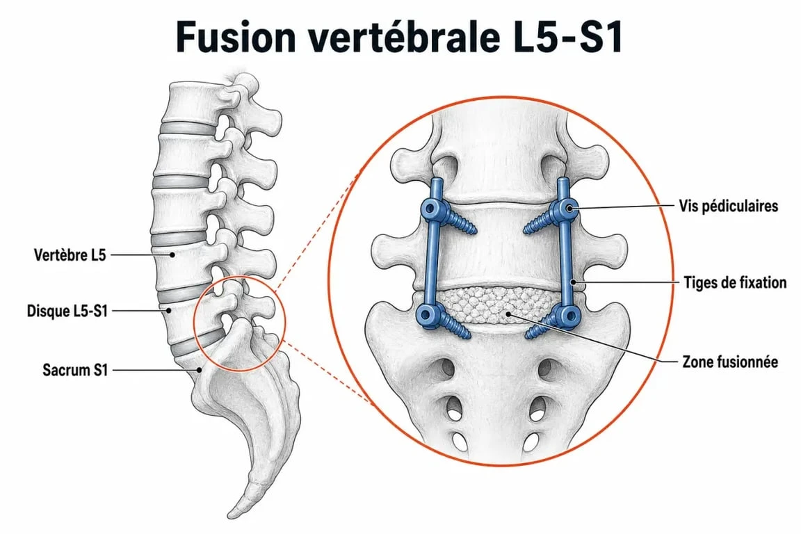 Schéma anatomique de l'arthrodèse L5-S1 pour comprendre l'invalidité liée à la fusion vertébrale