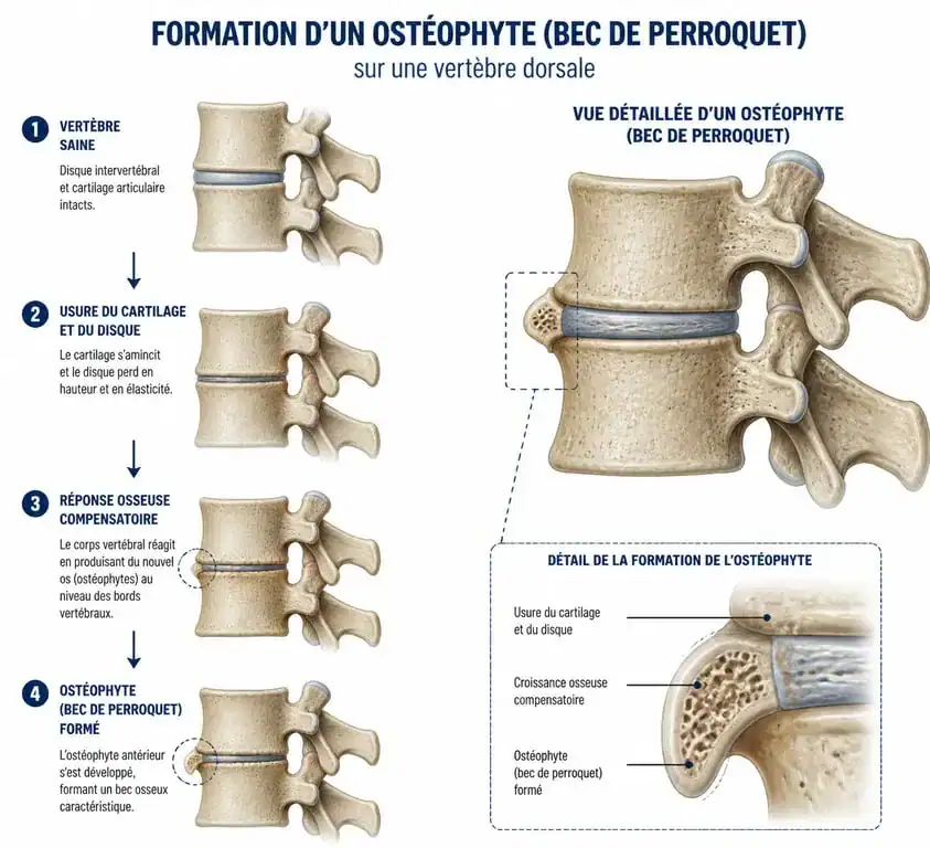 Schéma explicatif de la formation d'un bec de perroquet dorsal ou ostéophyte vertébral