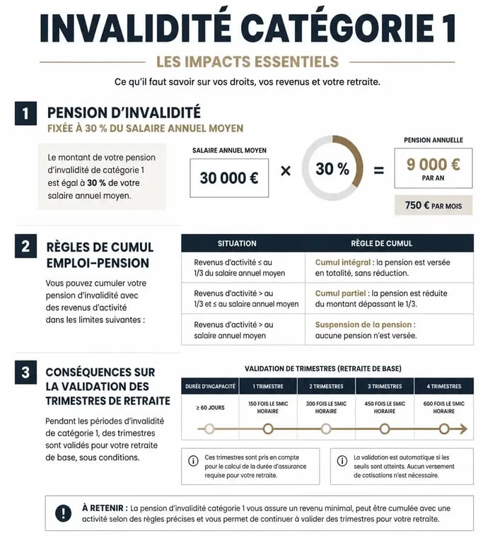 Infographie des inconvénients et impacts de l'invalidité catégorie 1 sur la carrière et la retraite