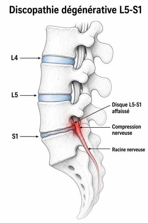 Schéma anatomique d'une discopathie L5-S1 illustrant la compression discale et l'impact sur la colonne vertébrale