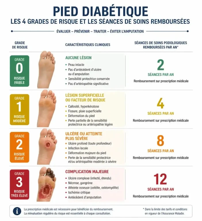 Infographie des grades de risque pour le pied diabétique et prise en charge par la Sécurité sociale