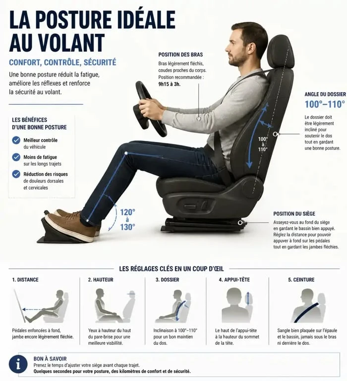 Infographie montrant la posture idéale et les réglages du siège pour prévenir le mal de dos en voiture