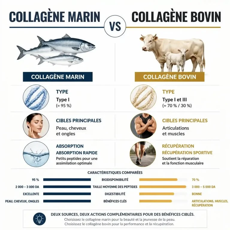 Comparatif entre collagène marin et bovin : différences d'origine, types et bienfaits pour la santé