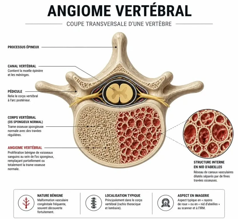 Schéma illustrant l'aspect en nid d'abeilles d'un angiome vertébral à l'imagerie médicale