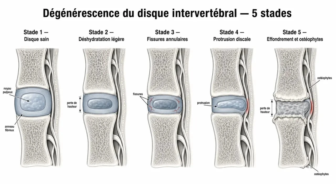 Schéma des 5 stades de la discopathie dégénérative selon la classification de Pfirrmann vue à l'IRM