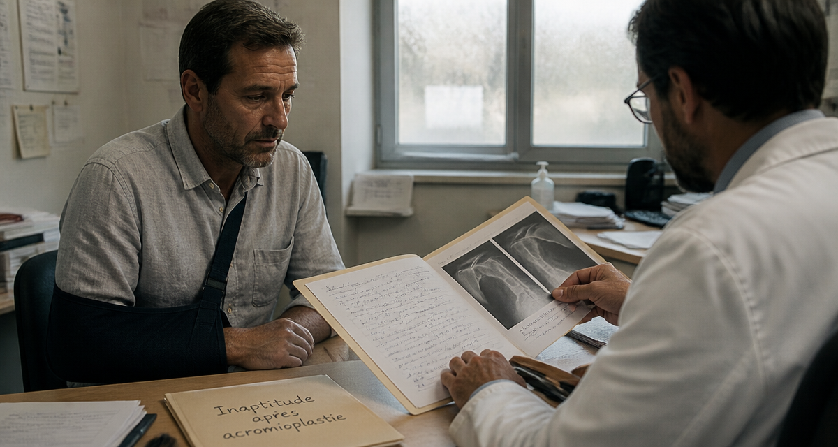inaptitude après acromioplastie homme bras écharpe médecin