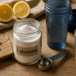 l glutamine en poudre en bocal et cuillère, verre d’eau tiède
