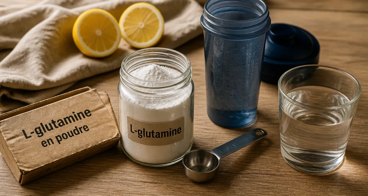 l glutamine en poudre en bocal et cuillère, verre d’eau tiède