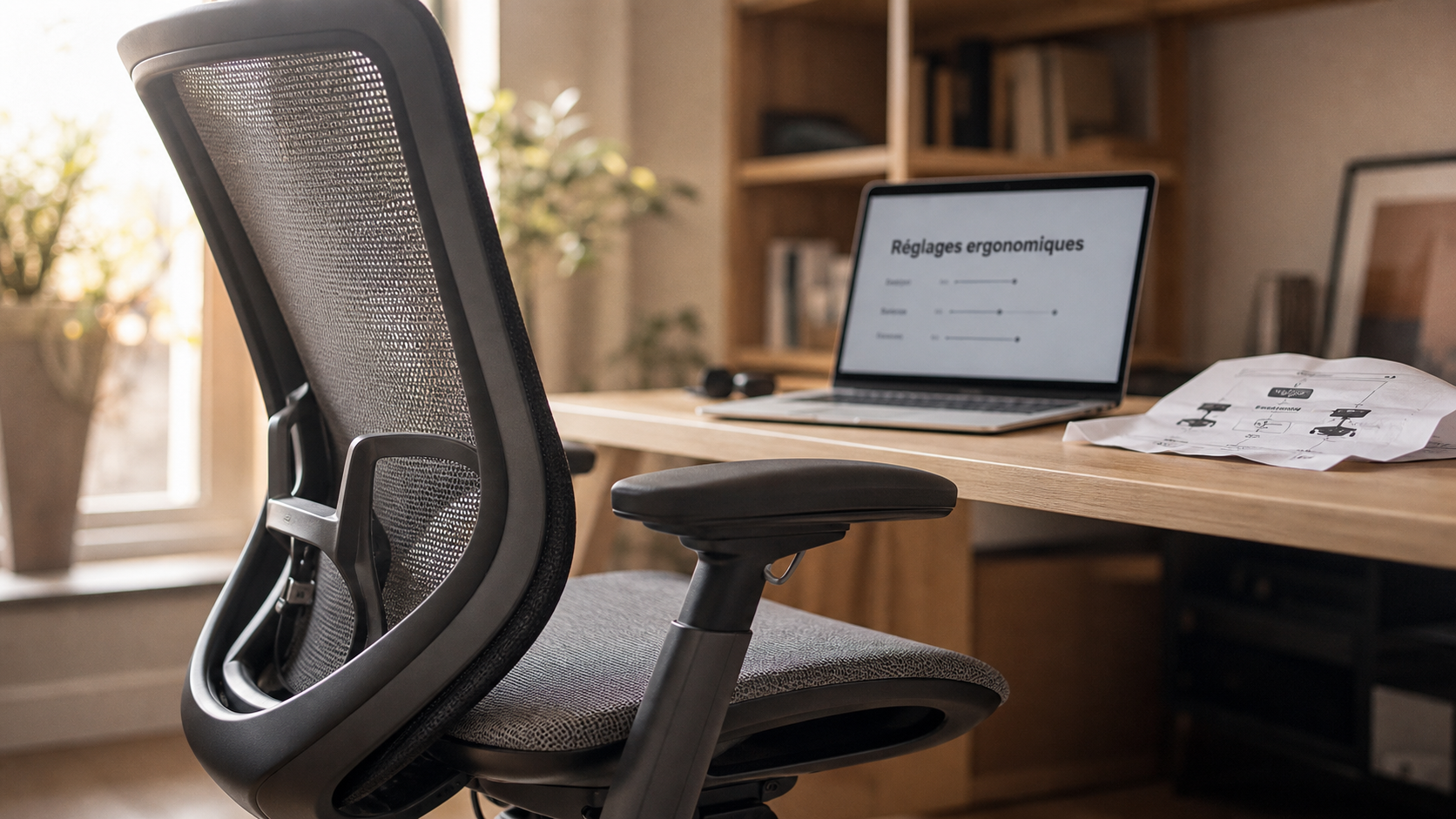 Top chaise ergonomique pour réduire le mal de dos, dossier et accoudoirs réglés