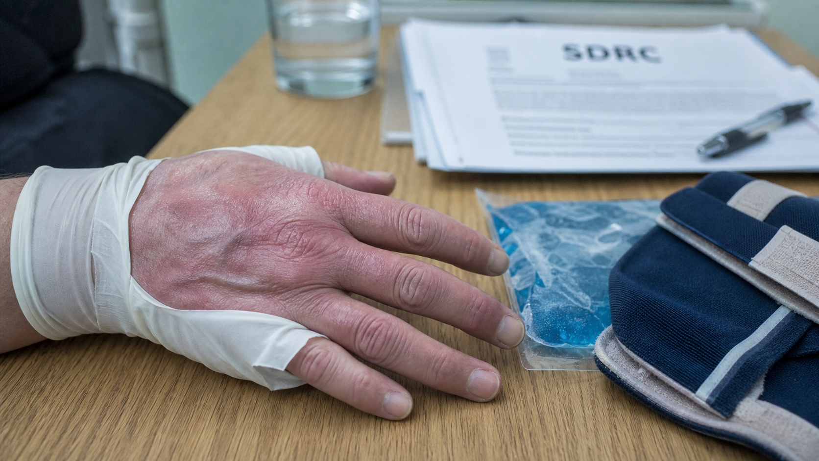 Algodisplasie : main immobilisée, gonflement et douleur persistante