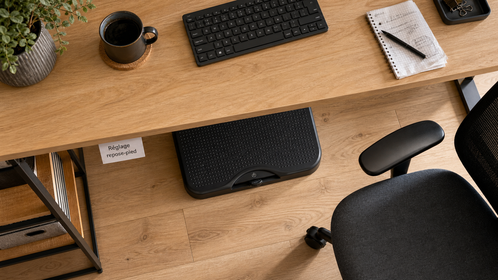 Bureau repose pied ergonomique antidérapant, réglage sous le plateau