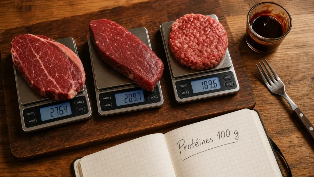 Combien de proteine dans 100g de viande rouge : 20 à 32 g, morceaux pesés