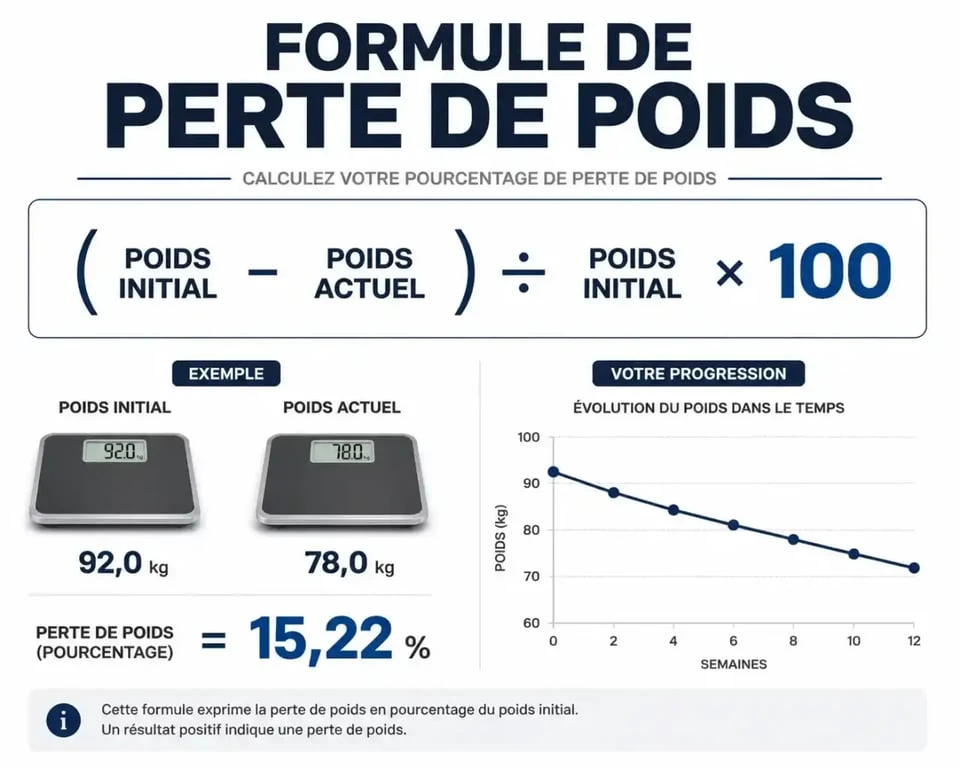 Infographie expliquant la formule mathématique pour calculer le pourcentage de perte de poids.