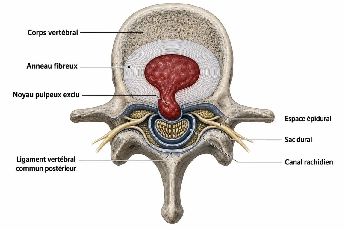 Schéma anatomique illustrant une hernie discale exclue avec migration du fragment discal dans l'espace épidural.