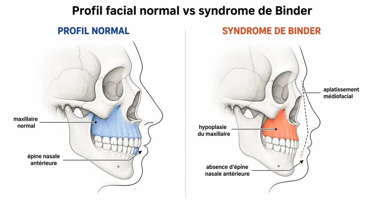 Schéma anatomique illustrant les caractéristiques du syndrome de Binder et l'hypoplasie médio-faciale