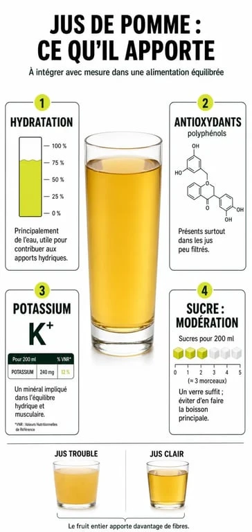 Infographie sur les jus de pommes bienfaits, avec hydratation, antioxydants et modération du sucre