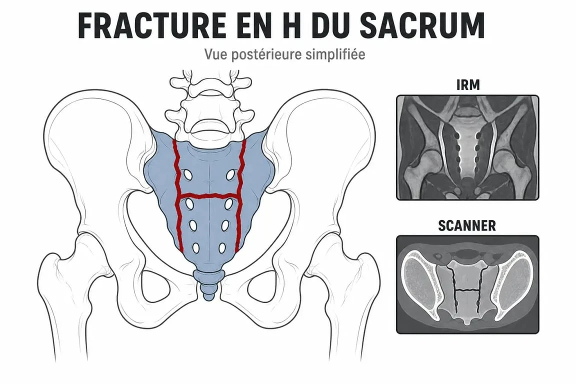 Fracture en H du sacrum illustrée par un schéma anatomique médical
