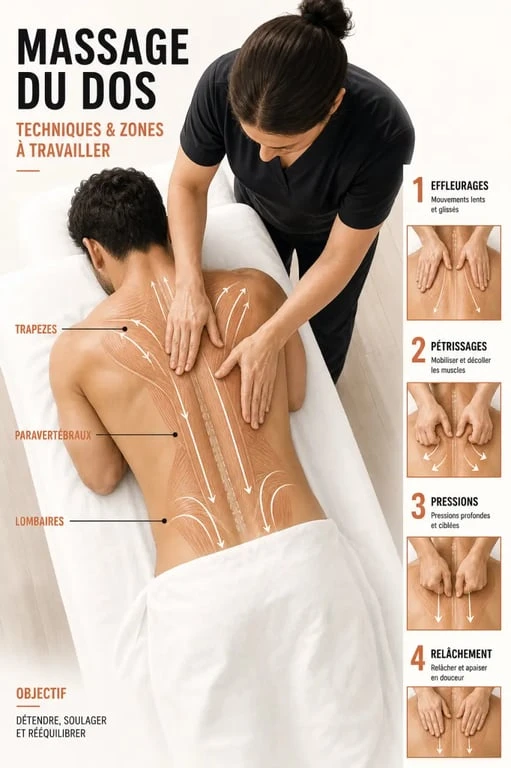 Technique de massage pour le dos : schéma éditorial des gestes et des zones à masser