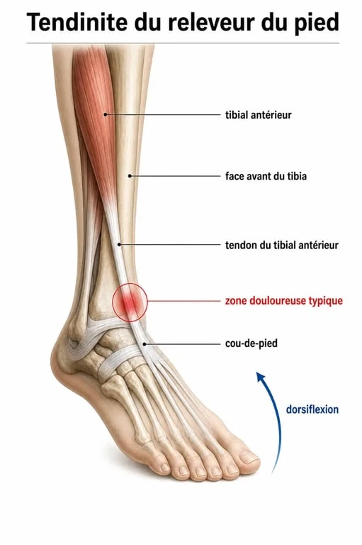 Schéma de la tendinite releveur du pied montrant le tibial antérieur et la zone douloureuse
