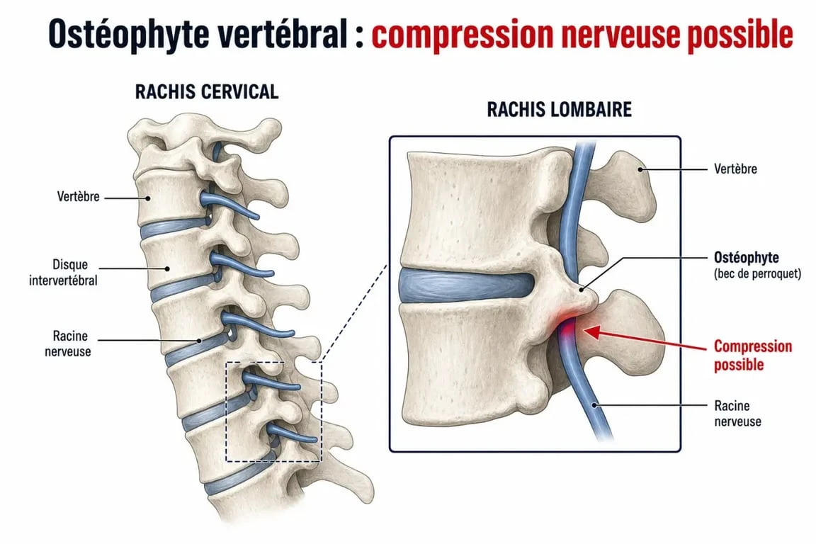 Schéma du dos bec de perroquet avec ostéophyte sur une vertèbre et zone de compression nerveuse