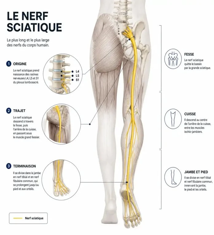 Schéma du trajet du nerf sciatique pour comprendre la sciatique chez le coureur