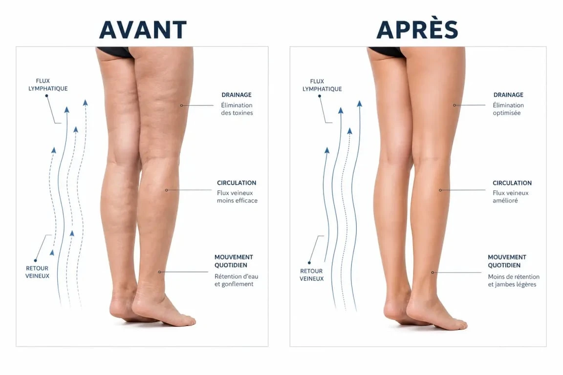 Cellulite aqueuse avant après : comparaison visuelle d’une jambe avec rétention d’eau avant et un aspect plus lisse après drainage et activité physique