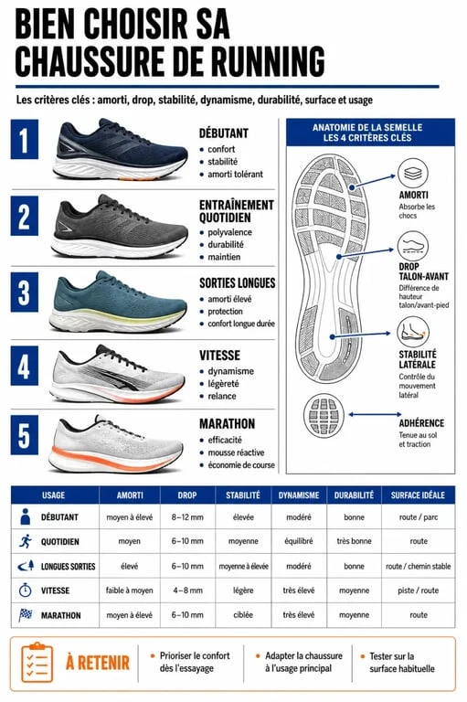 Infographie comparative pour choisir la meilleure chaussure running selon l’amorti, le drop, la stabilité et l’usage