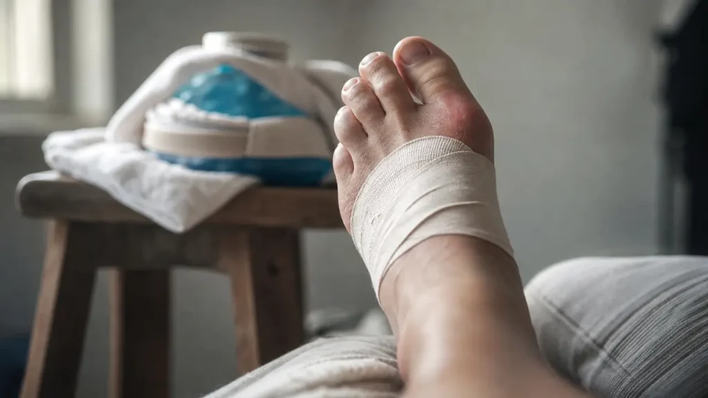 Entorse orteil : strapping et poche de glace sur pied gonflé