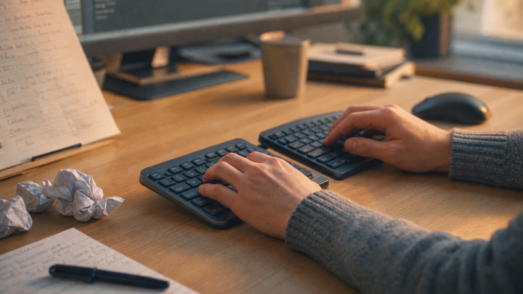 Ergonomie clavier : clavier compact scindé, poignet neutre, moins de douleurs au coude et cou