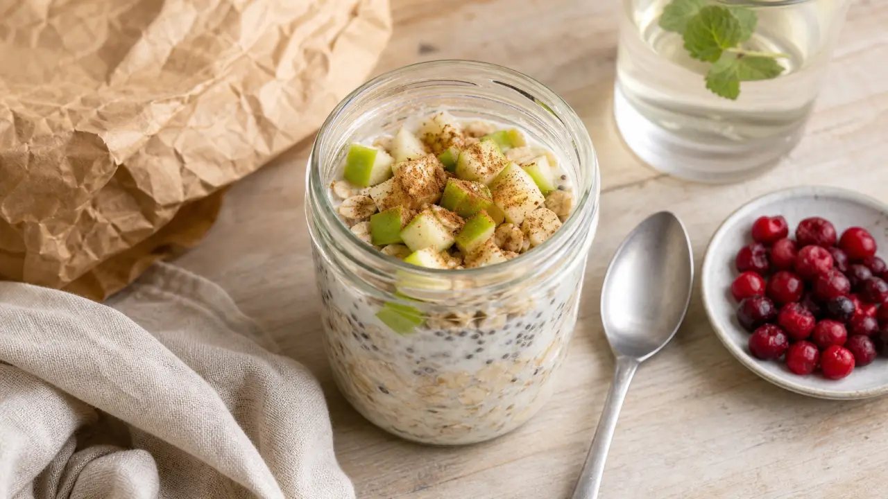 Idées de petit-déjeuner équilibré : overnight oats anti-fringale, skyr, chia, pomme et cannelle