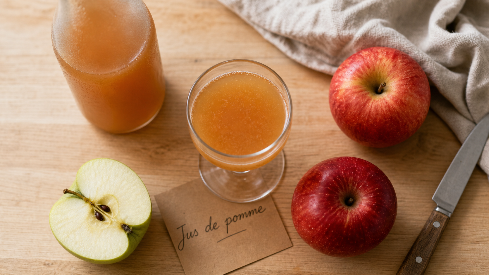 Jus de pommes bienfaits : verre de jus de pomme et antioxydants, sucre à surveiller