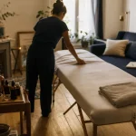 Massage a domicile : table et huile, praticienne prépare un soin à 60, 90 ou 120 minutes