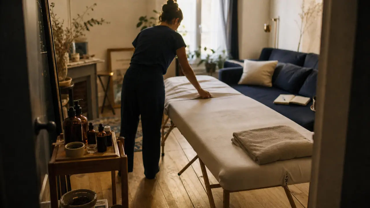 Massage a domicile : table et huile, praticienne prépare un soin à 60, 90 ou 120 minutes