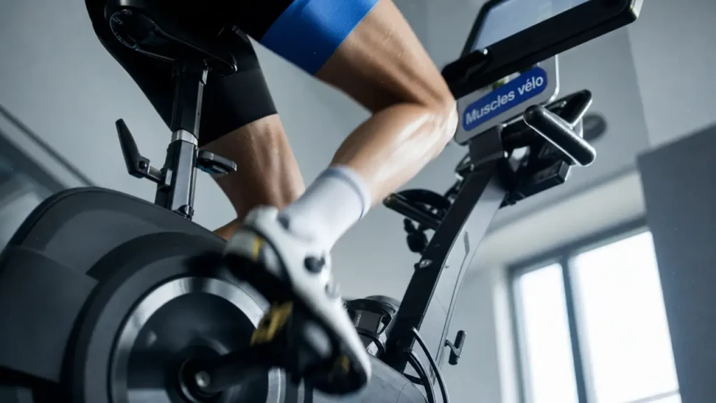 Muscle velo : cuisses et mollets en pédalage sur vélo d’appartement
