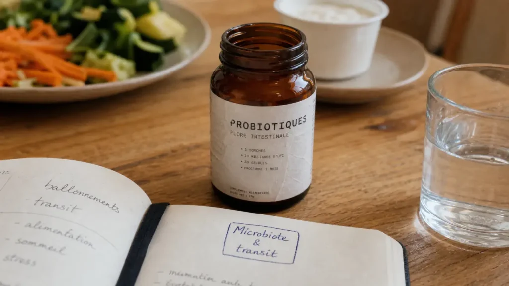 Probiotiques pour maigrir : flacon et carnet sur digestion et satiété