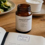 Probiotiques pour maigrir : flacon et carnet sur digestion et satiété