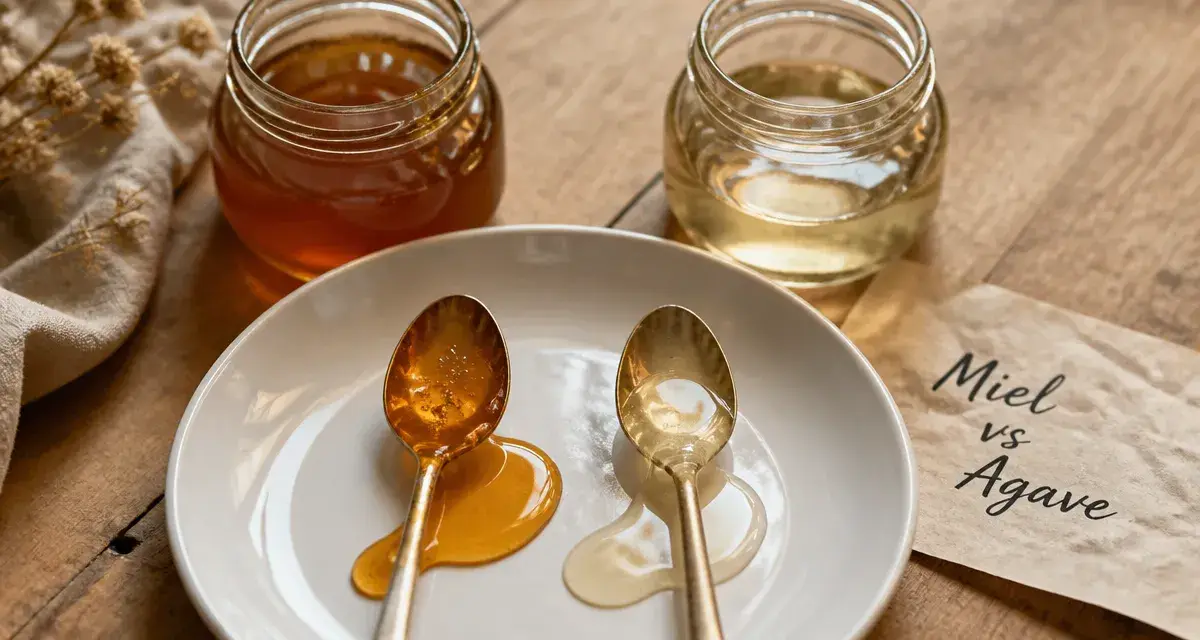Sirop d agave ou miel : cuillères de miel et sirop d agave sur table bois